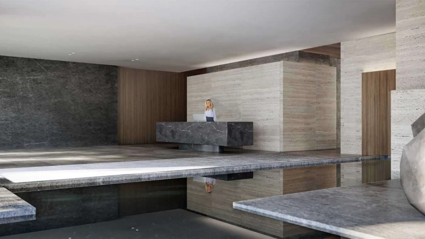 Rendering of the concierge desk in a stone and travertine lobby
