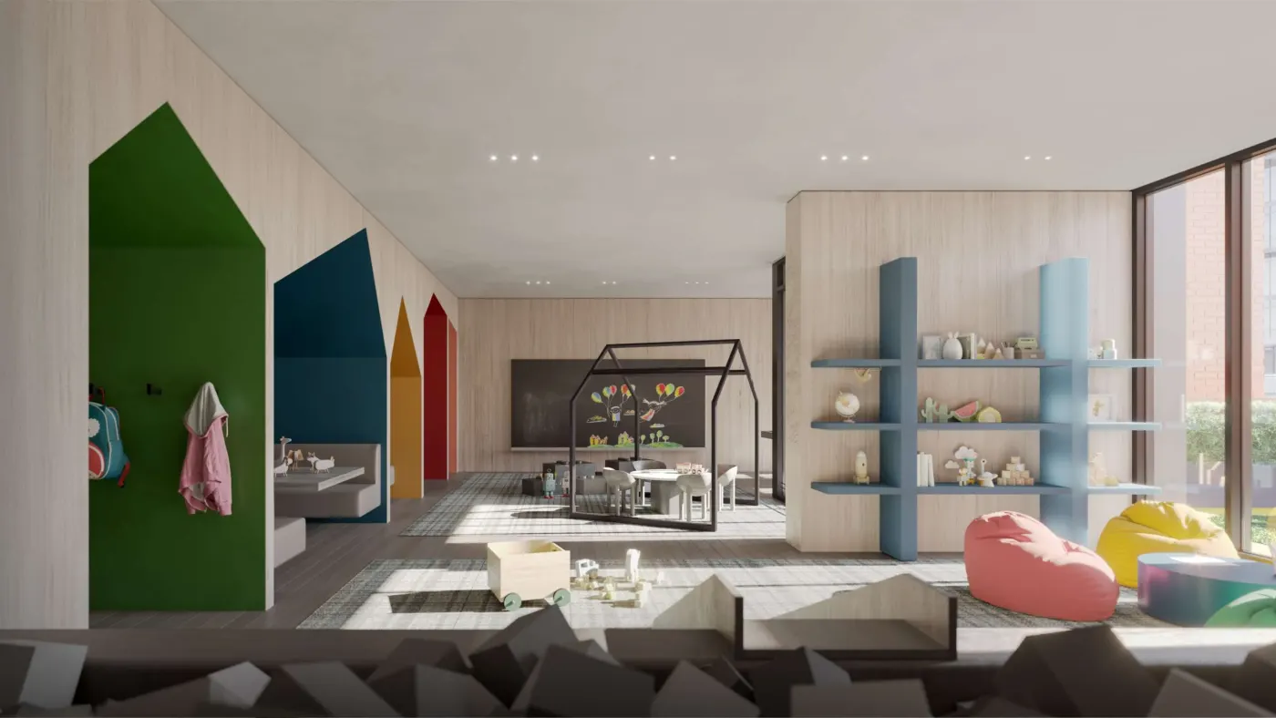 Rendering of the children's play room with colourful house-shaped nooks