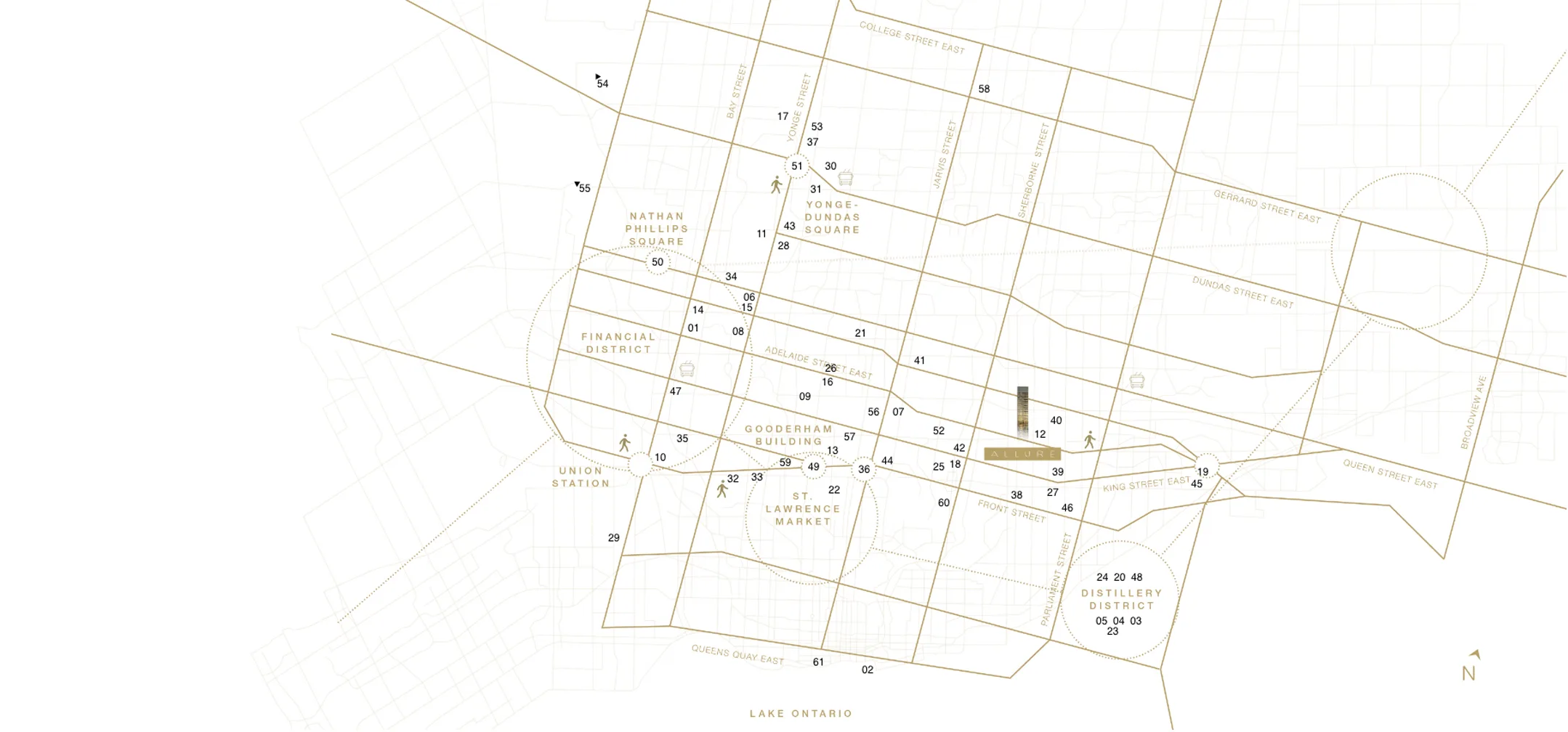 Neighbourhood map of downtown Toronto around King Street East and Princess Street