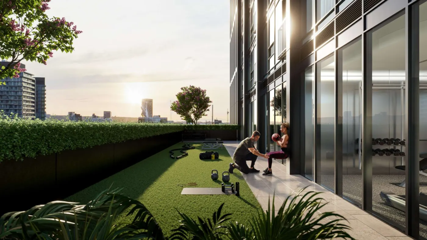 Rendering of the outdoor fitness and yoga lawn