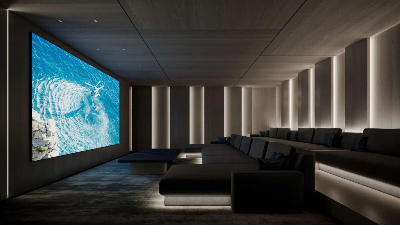 Rendering of the private screening lounge with a large screen and tiered sofas