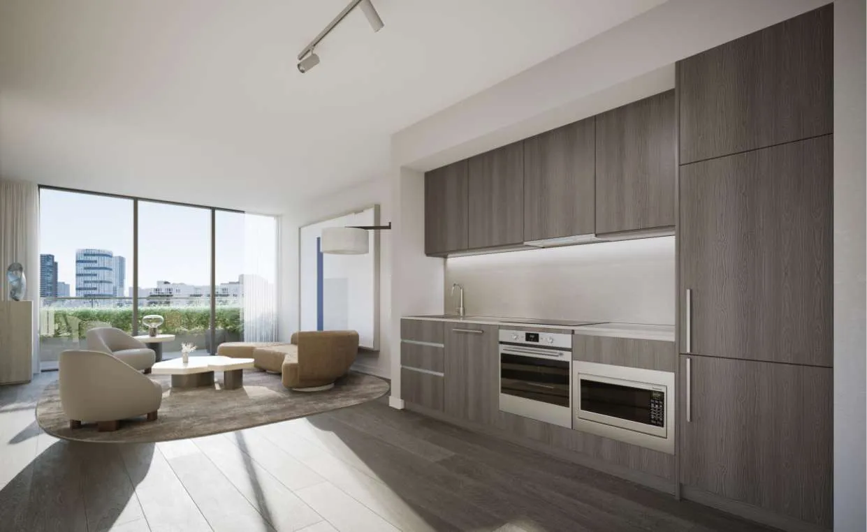Rendering of an open suite kitchen with integrated appliances and wood-grain cabinetry