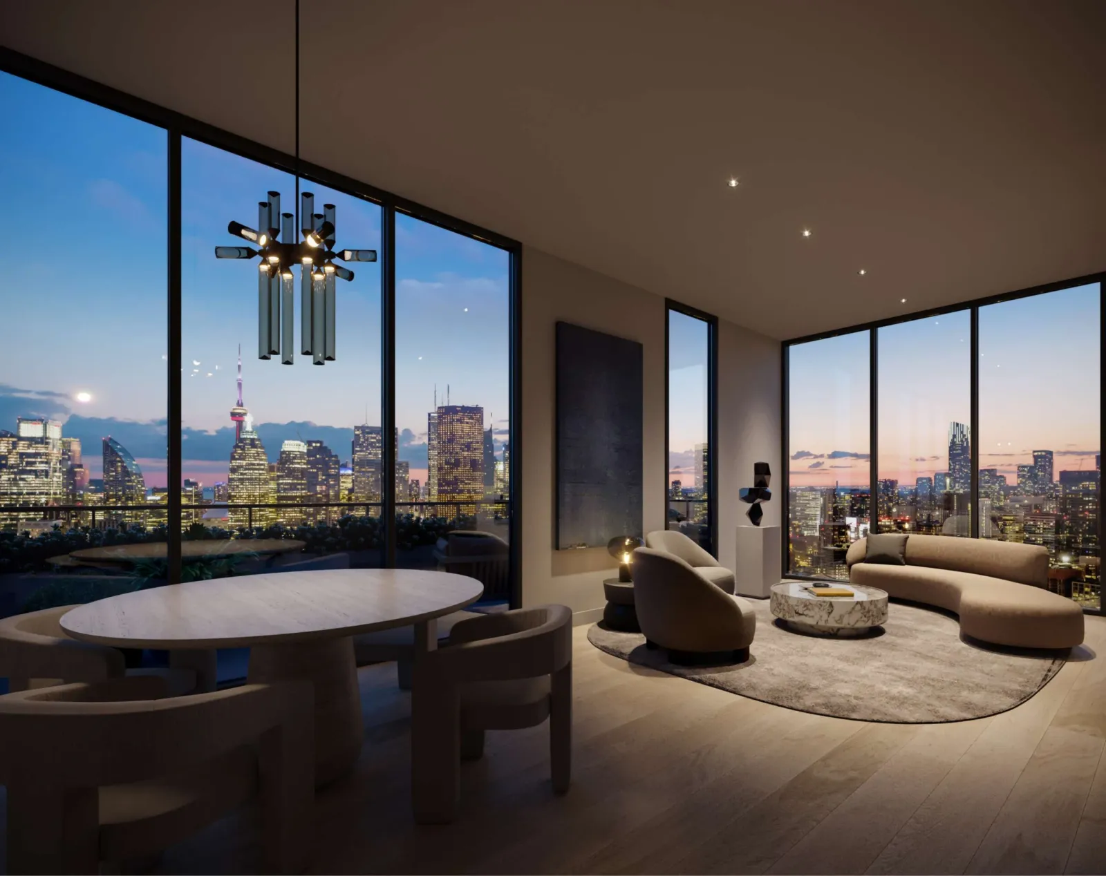 Rendering of a suite living and dining room with floor-to-ceiling windows and a sculptural chandelier