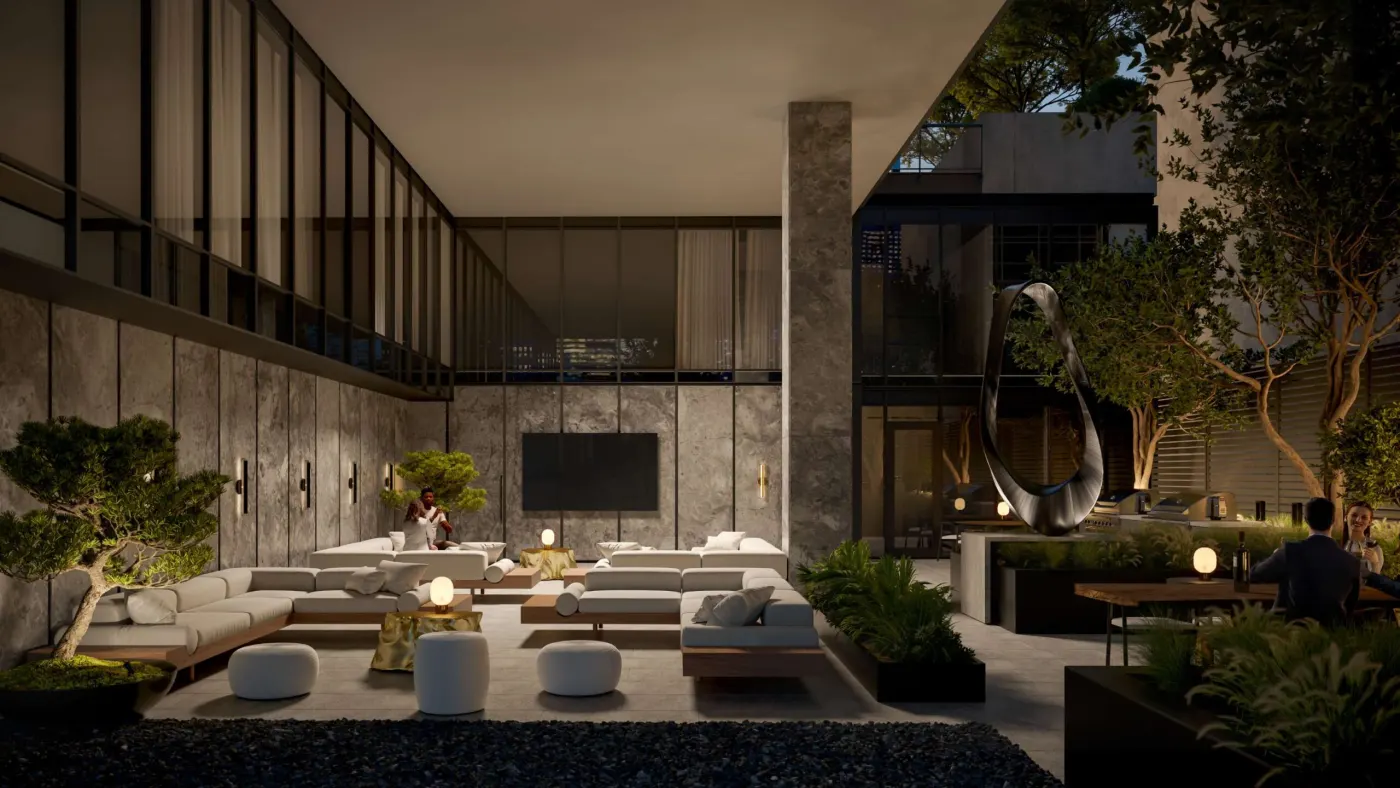 Rendering of the landscaped outdoor terrace with lounge seating and dining